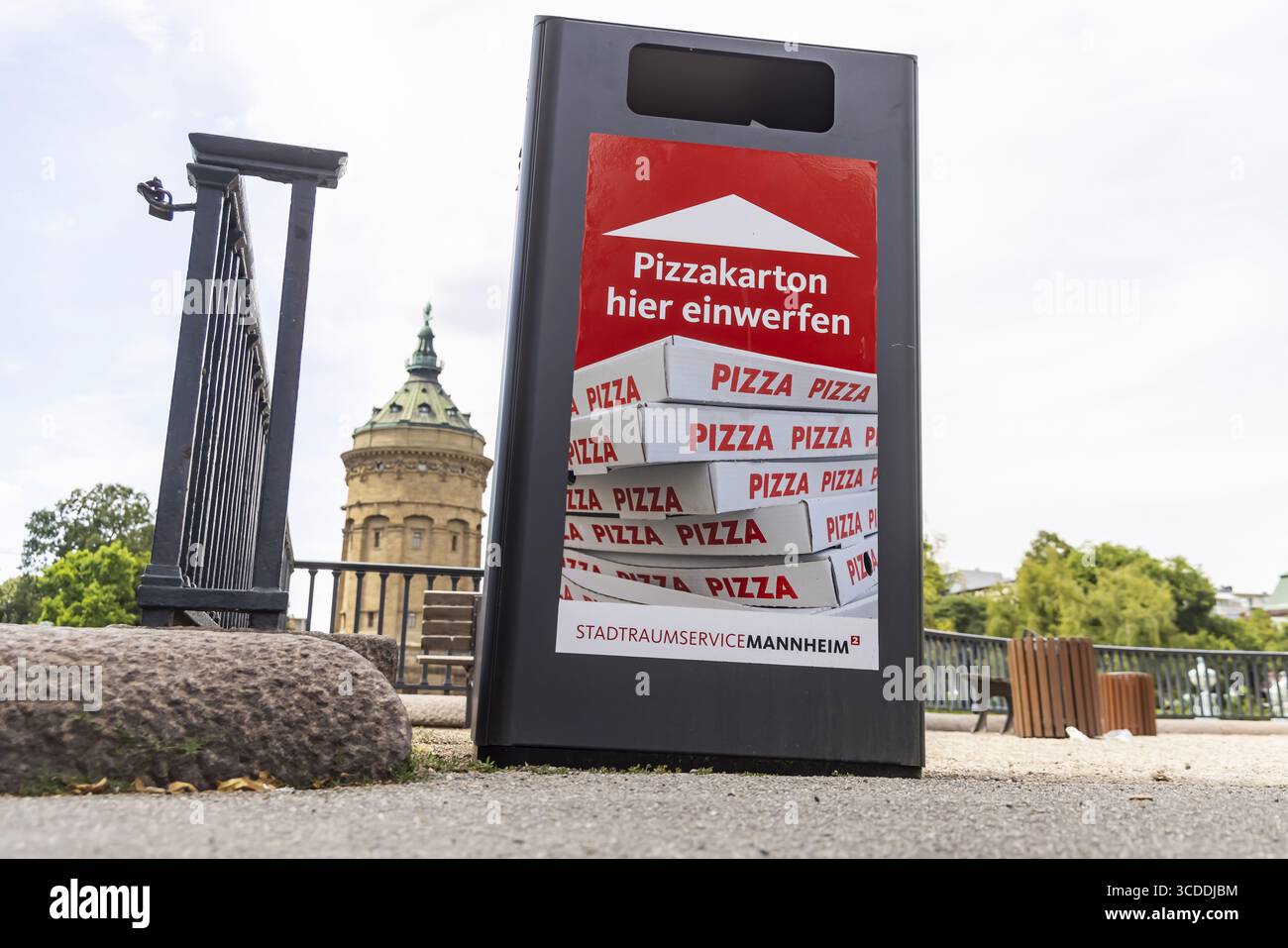 Waste bin specially designed for recycling pizza packaging. Mannheim, Baden-Wuerttemberg, Germany Stock Photo