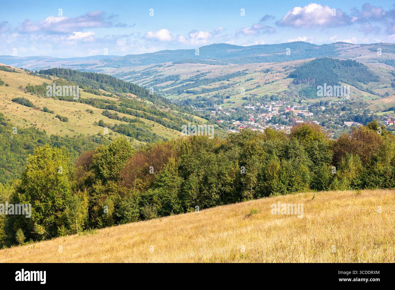 scenery with rural field on grassy hill of mountains. beautiful countryside landscape in ukrainian carpathians on a sunny day. provincial europe. scen Stock Photo