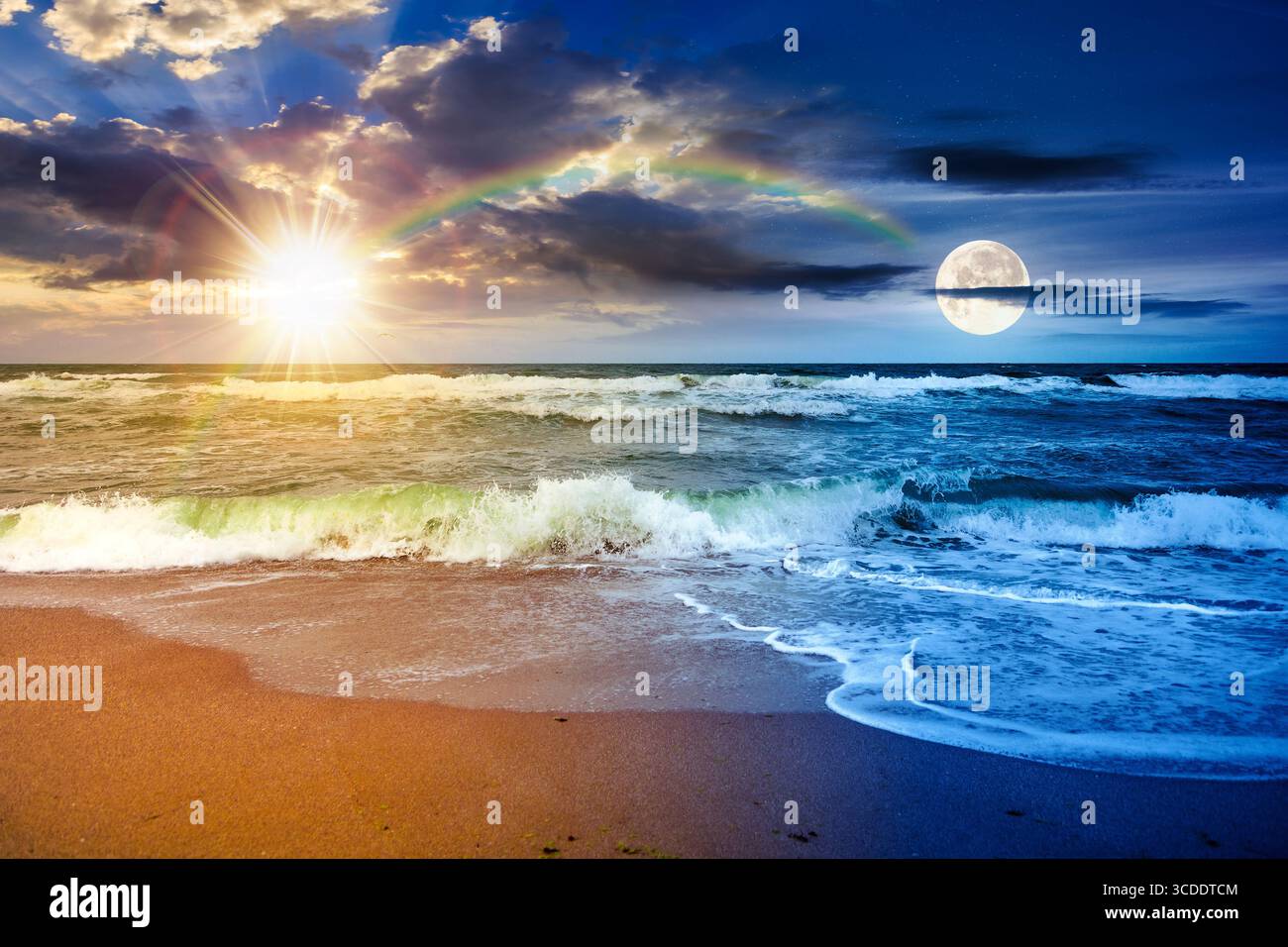 stormy beach scenery with waves splash on sand shore under scenic clouds on the sky. day and night time change concept. dark moody nature background f Stock Photo