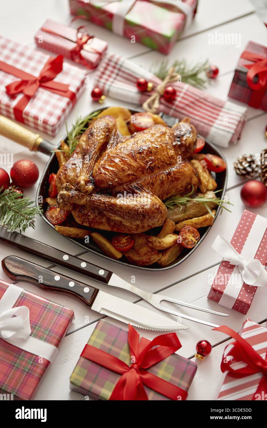 Roasted whole chicken christmas decoration hi-res stock