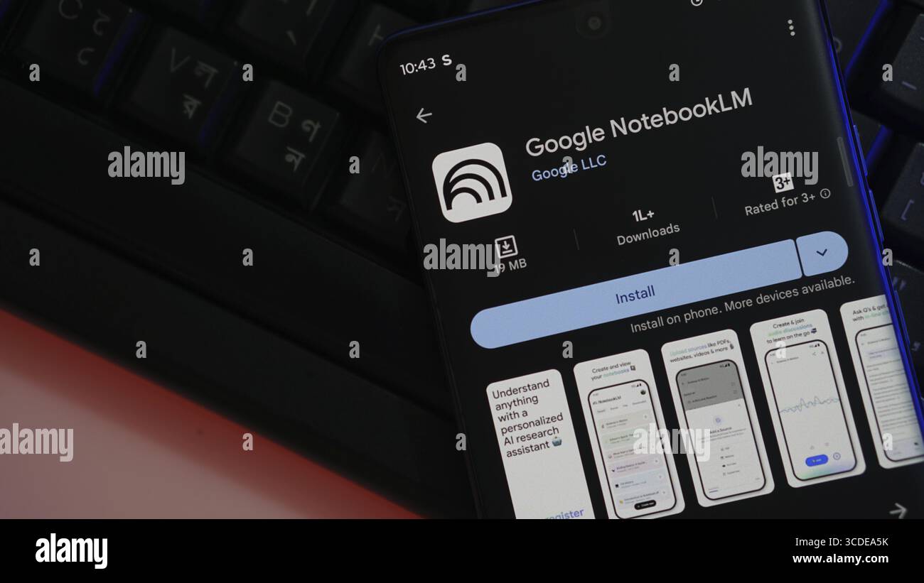Google NotebookLM app on smartphone screen with install option, dark theme Stock Photo