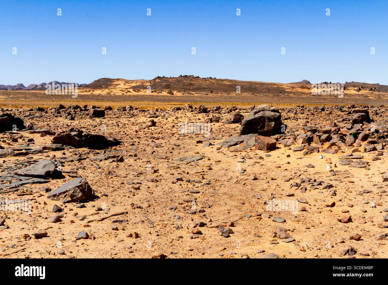 The Sahara desert. Hamada type desert. A dry, flat, rocky hamada desert ...