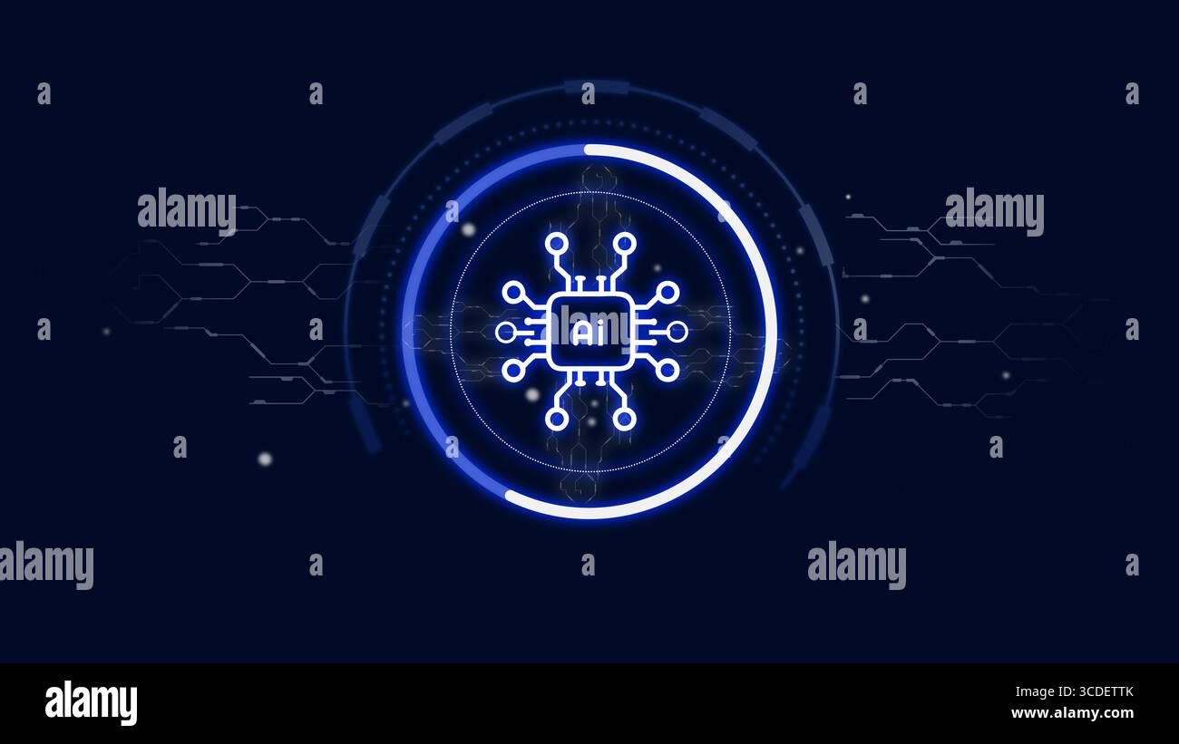 Neon circuit design featuring artificial intelligence in a futuristic setting Stock Photo