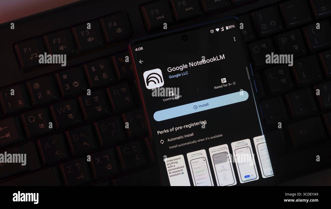 Google NotebookLM app on a smartphone screen against a keyboard backdrop, with install button visible Stock Photo