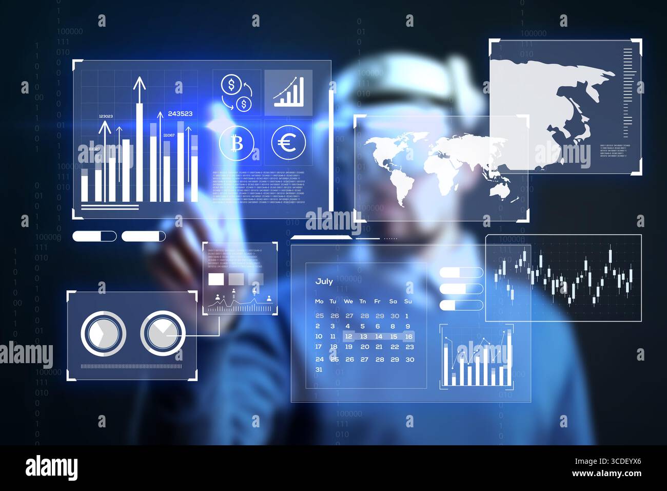 Digital technology enhances data analysis in a modern office environment with interactive displays and graphs for informed decision-making Stock Photo