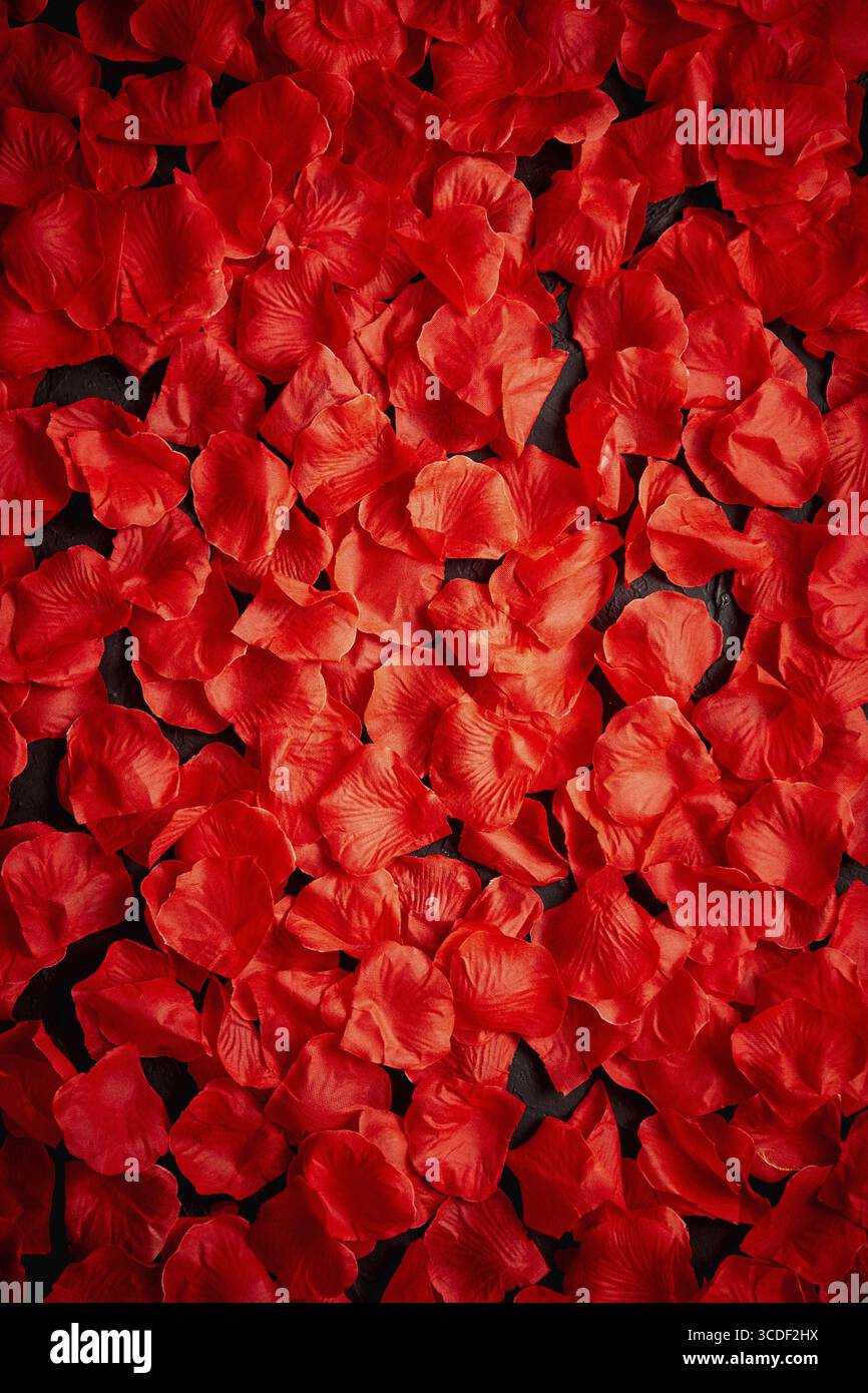 Background of beautiful red rose petals. Valentine Day or Love concept. Top view with copy space Stock Photo