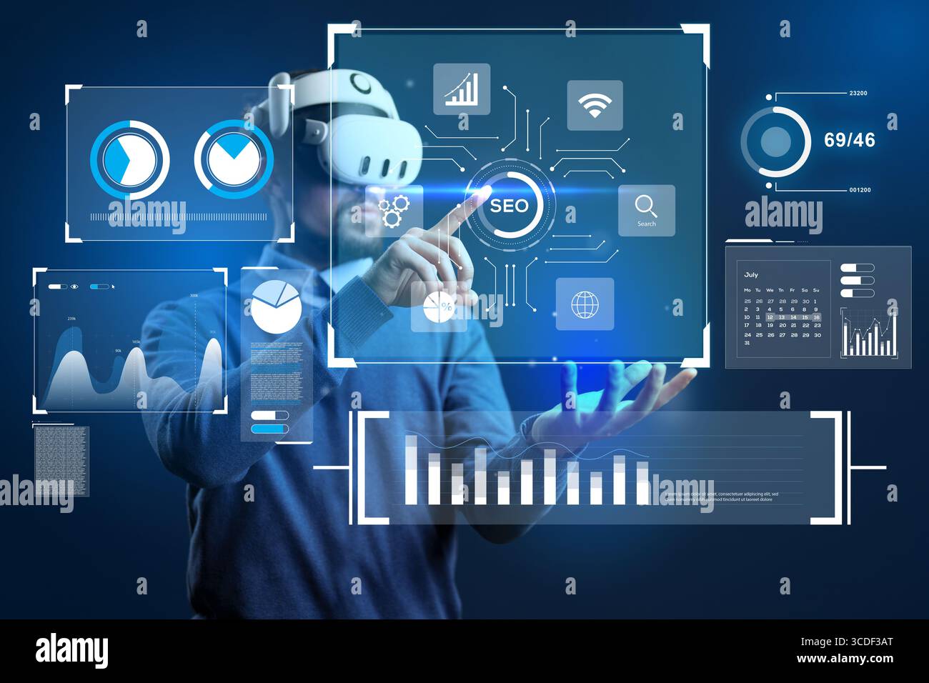 Virtual reality user interacts with SEO data and analytics in a futuristic setting Stock Photo