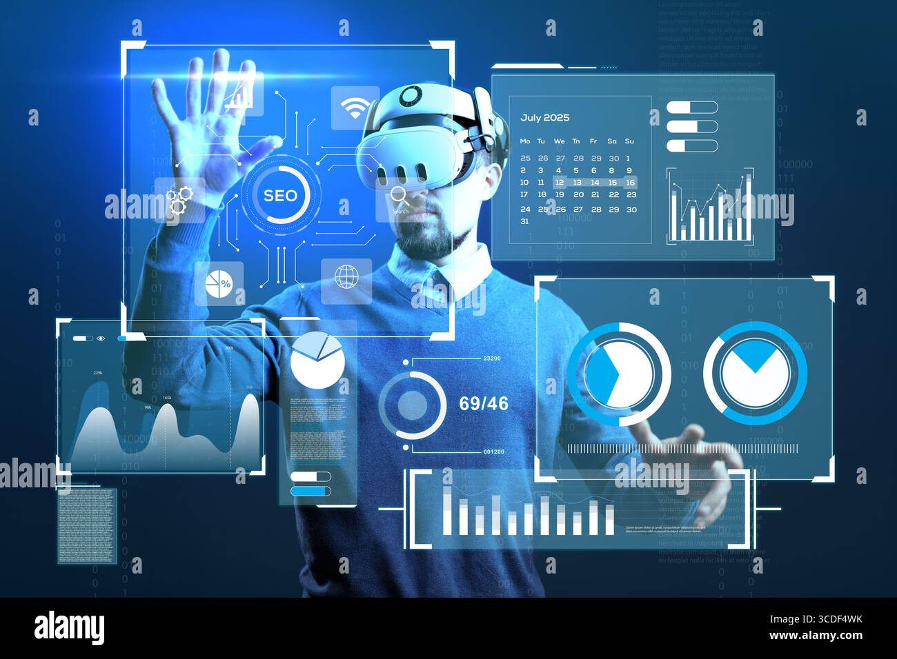 Virtual reality user interacts with data analytics in futuristic digital environment Stock Photo