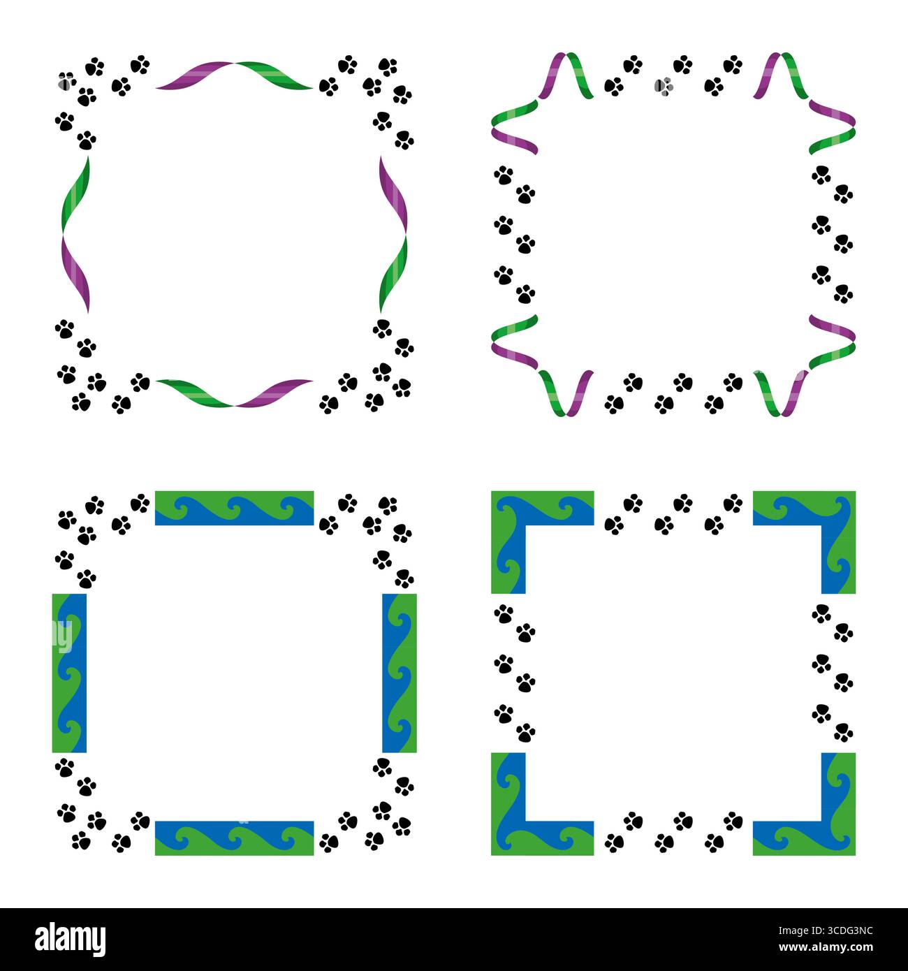 Ribbon frame border. Paw print pattern. Square decorative ornament. Vector pet design. Stock Vector