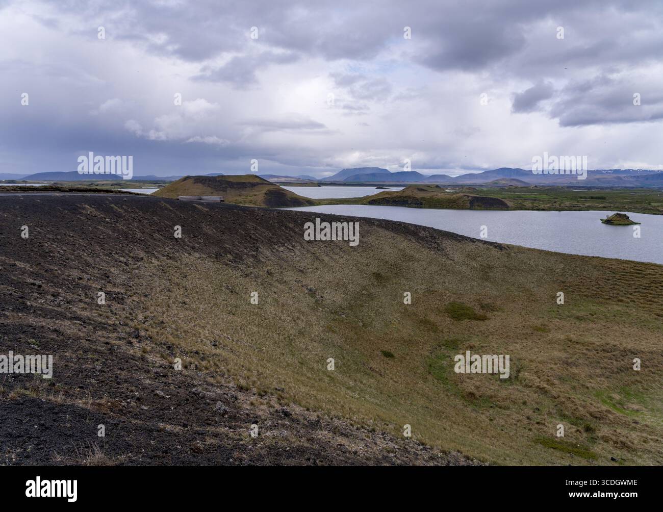 Explore the stunning landscapes of Lake Myvatn and its unique pseudo-craters in Iceland's Myvatn Nature Reserve Stock Photo