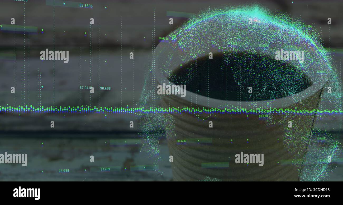 Displaying ceramic coffee cup featuring floating data sphere on rustic wooden tabletop, copy space Stock Photo