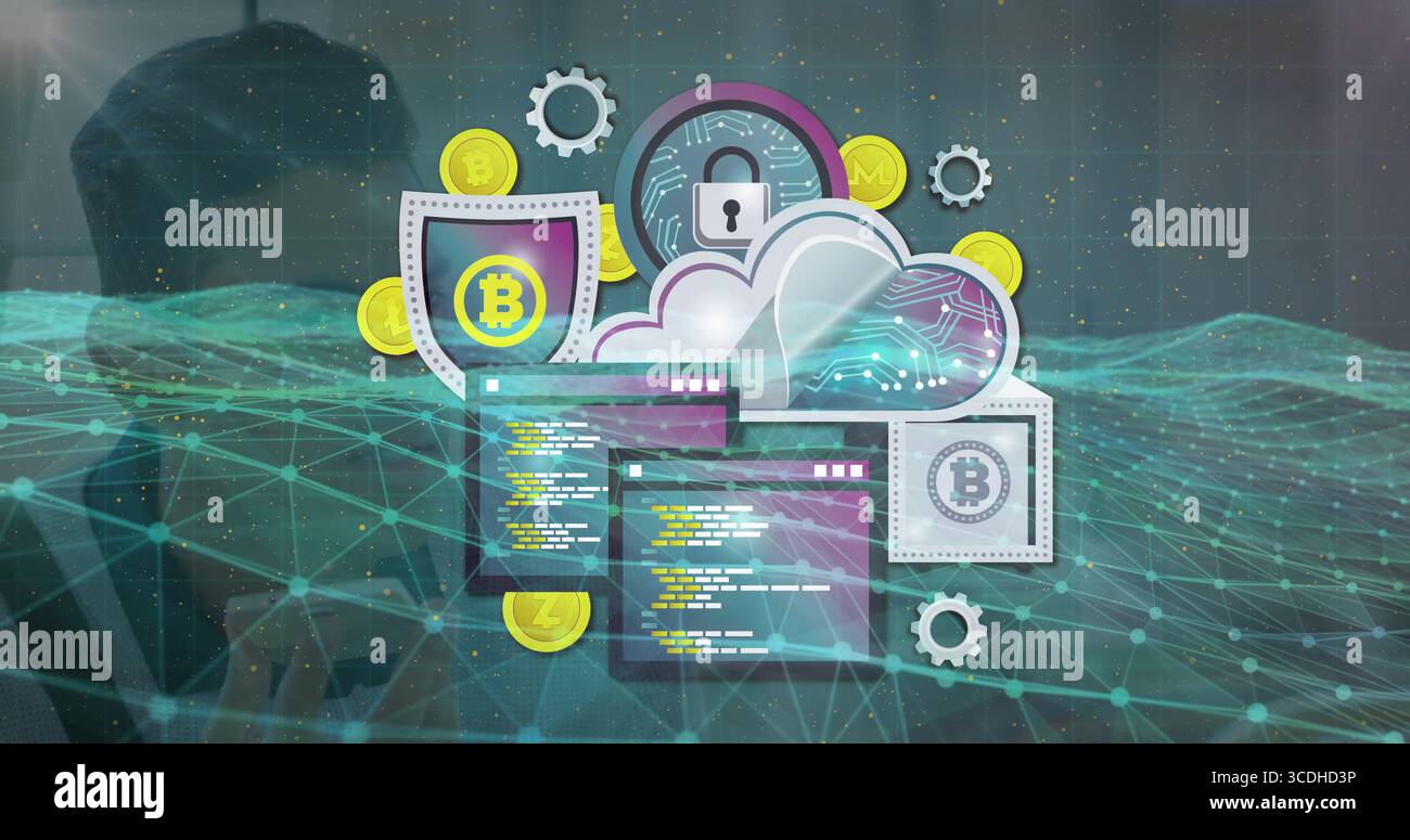 Displaying cloud icons over mesh network, with padlock, Bitcoin shield, gold coins and code windows Stock Photo