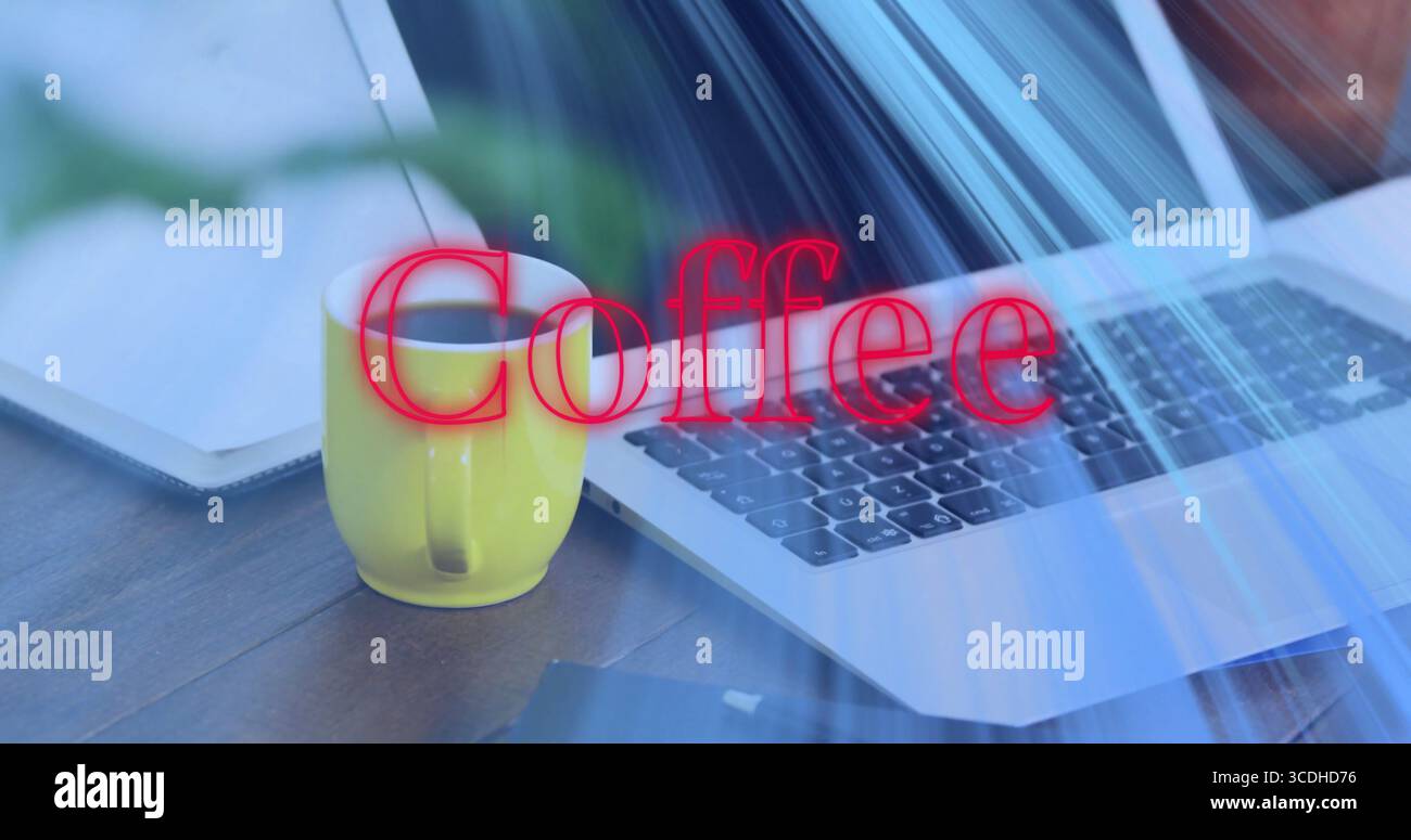 Featuring yellow coffee mug on work desk, with laptop, neon “Coffee” text, blue streaks, copy space Stock Photo