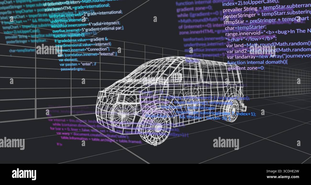 Displaying wireframe 3D van model floating over dark gray grid plane, with colored code panels Stock Photo