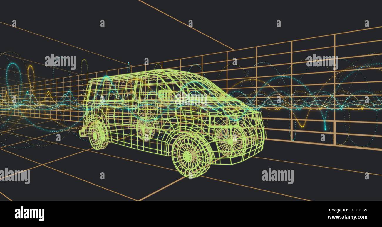 Displaying 3D wireframe SUV model glowing neon lines in virtual grid chamber, with waveform graphs Stock Photo
