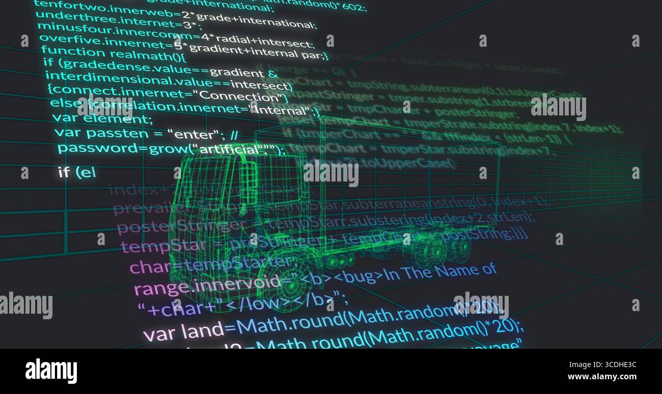 Displaying 3D wireframe truck model glowing in code editor workspace with code text and grid plane Stock Photo