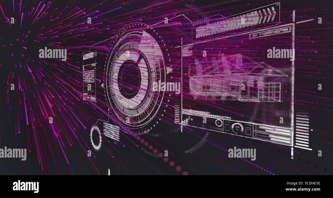 Overlaying HUD interface in cyberspace, showing circular graphic, wireframe panel and data bars Stock Photo