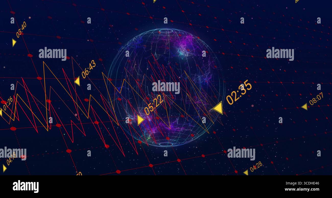 3D wireframe globe rotating in virtual analytics space, with red plot line and yellow time labels Stock Photo