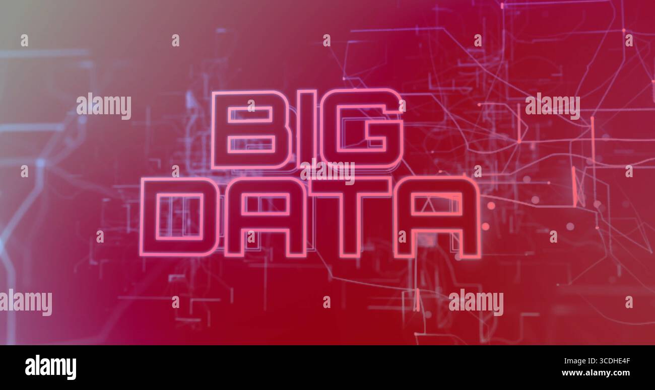 Glowing neon-style 'BIG DATA' text illuminating digital network, with circuits and nodes Stock Photo