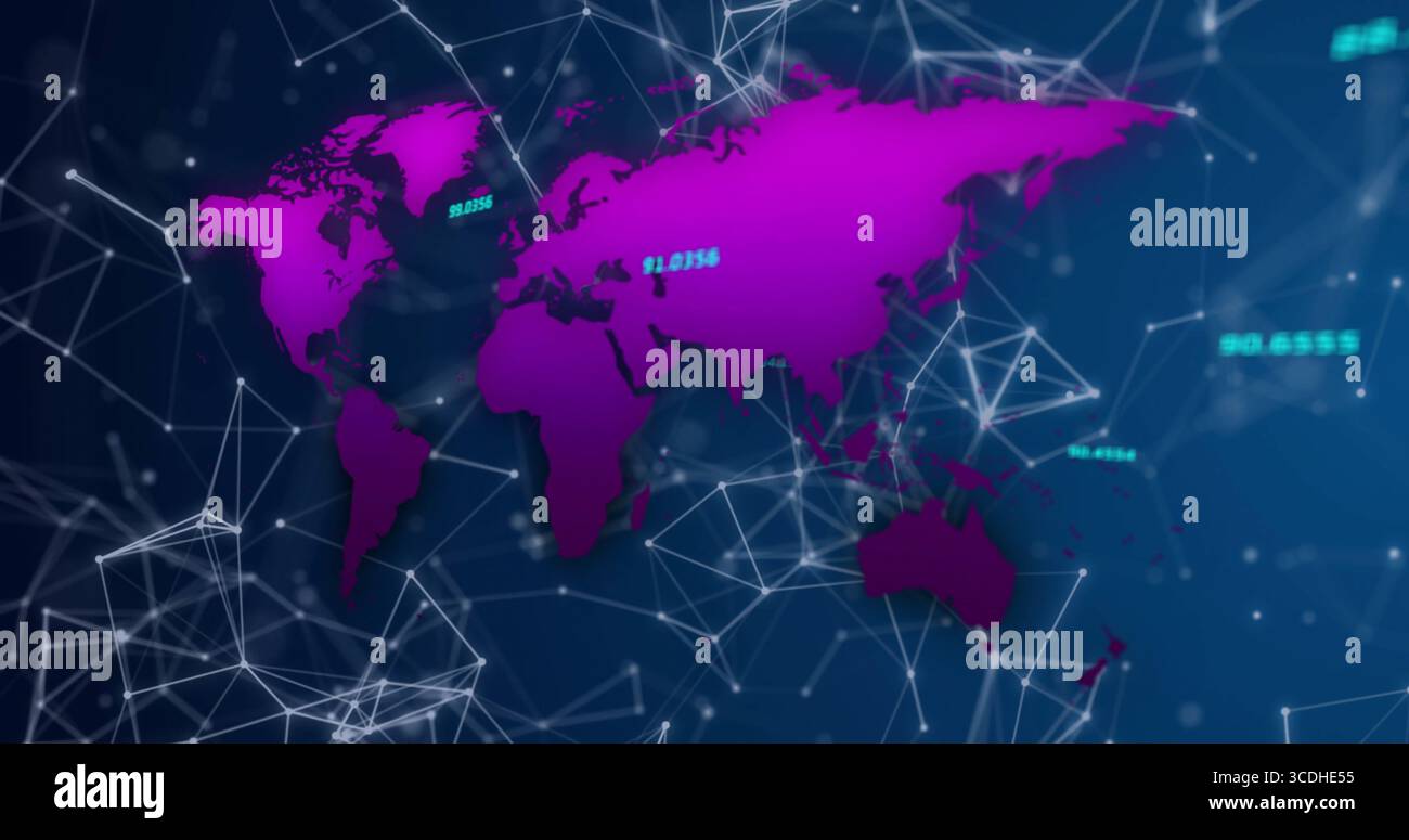 Displaying magenta world map linking network nodes in digital interface space with numeric data Stock Photo