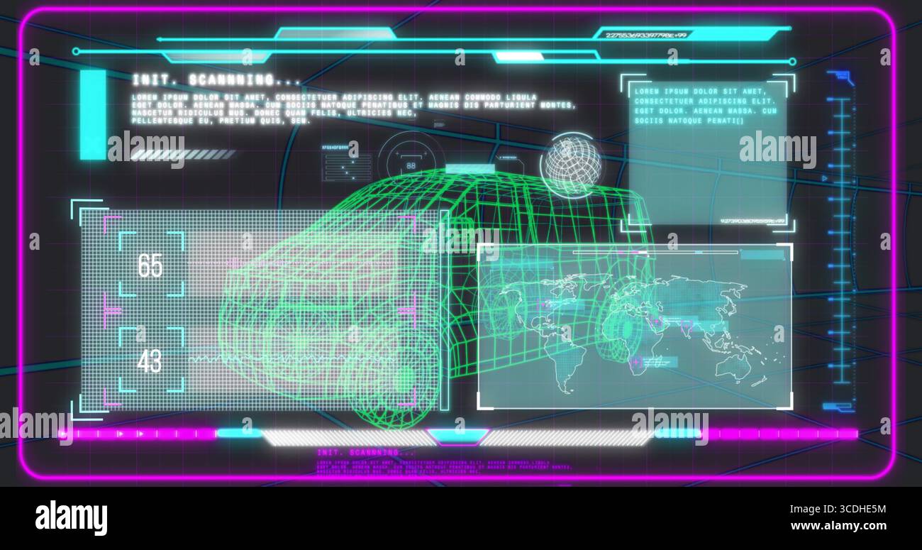 Displaying control panel showing 3D wireframe van model in virtual control room with data panels Stock Photo