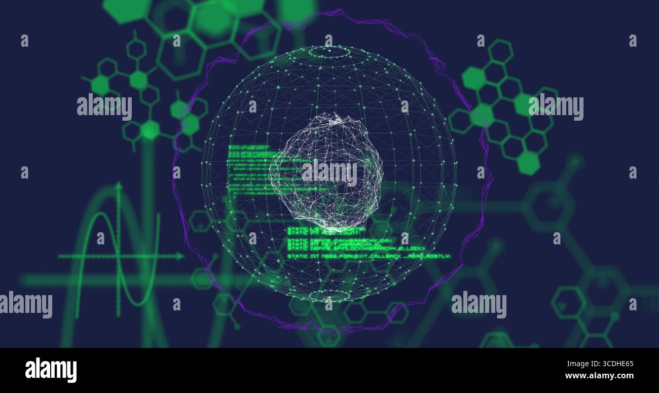 Wireframe globe rotating in data display, with green code panels, hexagon motifs, waveform graph Stock Photo