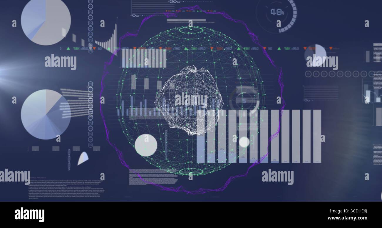 Displaying wireframe spherical network floating in analytics dashboard, with bar and pie charts Stock Photo