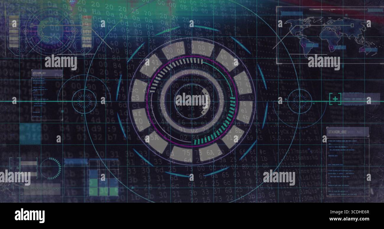 Presenting circular HUD in cyberspace with binary code overlay, grids, reticles, panels, world map Stock Photo