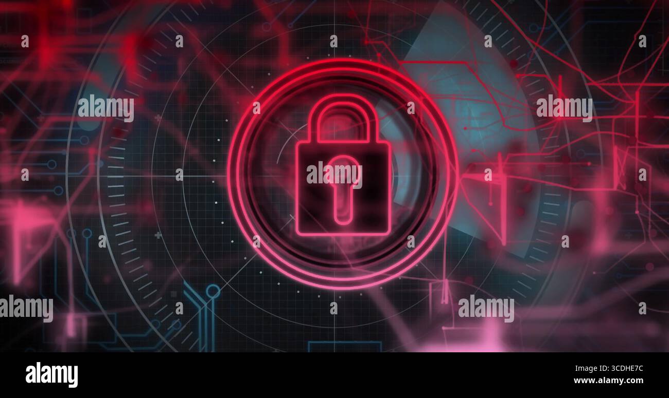 Displaying neon red padlock icon securing network in grid interface, with UI circles, red triangles Stock Photo