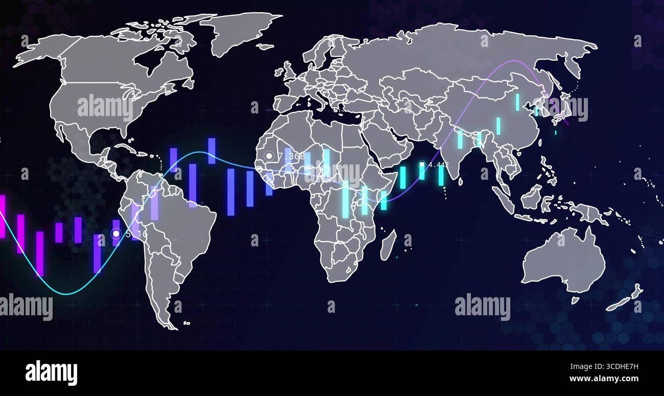 Displaying world map on dashboard, with colorful candlestick bars, neon line, numeric data markers Stock Photo