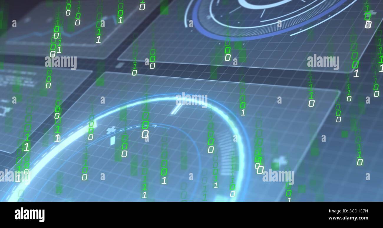 Displaying holographic interface streaming binary code on dark grid, with circular panels Stock Photo