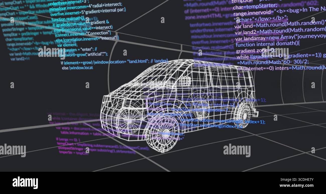 Rendering wireframe van model floating over dark grid floor in 3D workspace, with code lines Stock Photo