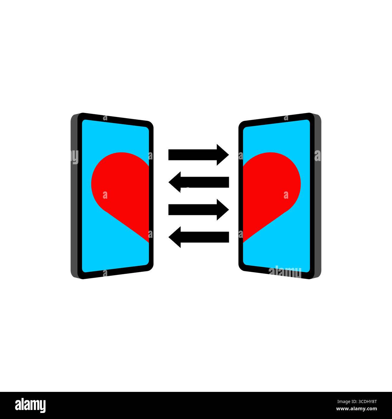 Two smartphones exchanging hearts, symbolizing online dating, digital relationships, and long-distance love. Minimalist design for romance, communicat Stock Vector