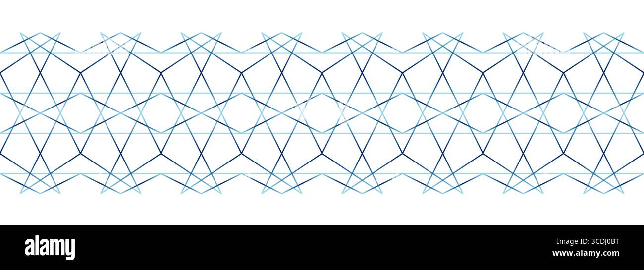 Blue gradient ornate grid on white background. Geometric complex seamless border. Vector ornament of broken lines. Delicate linear pattern for your de Stock Vector