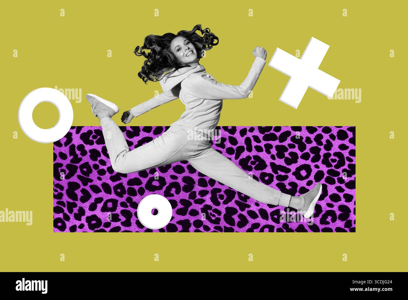 Trend poster collage of person run sit on yellow background with 3d elements Stock Photo