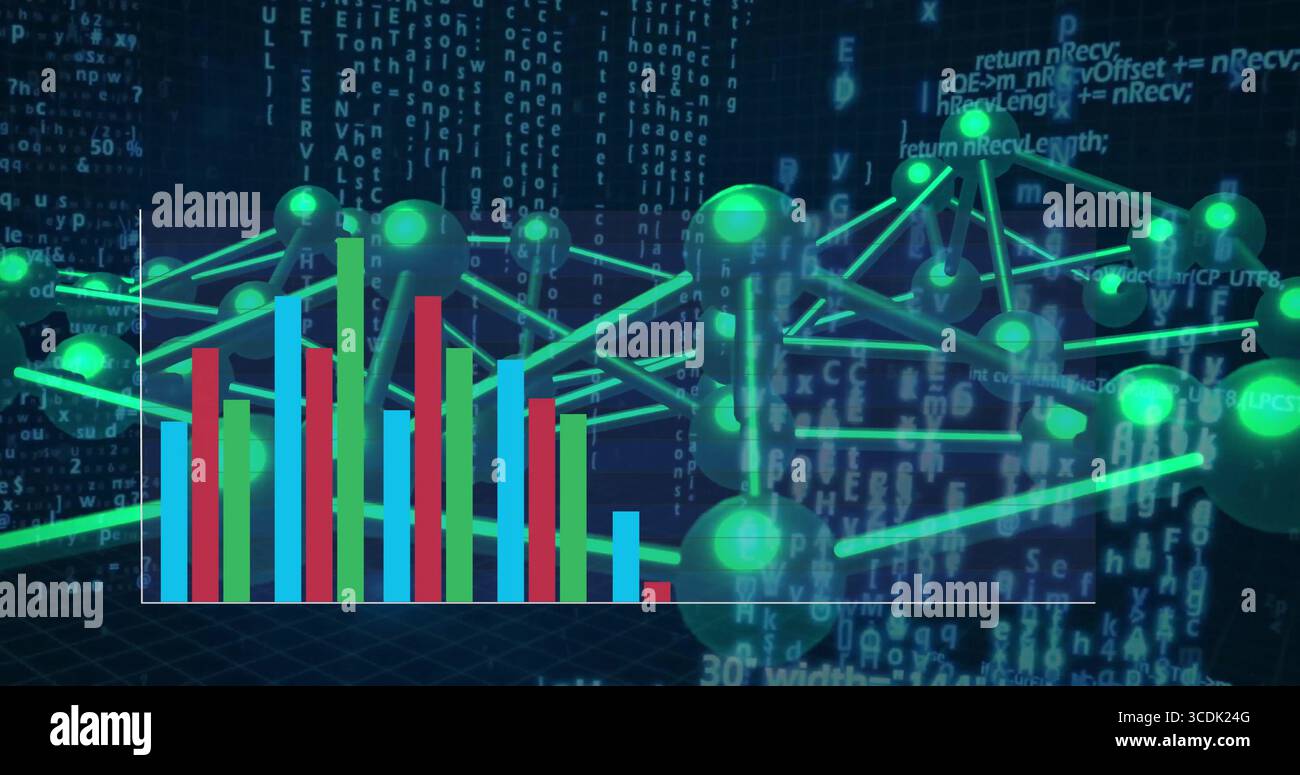 Rendering glowing green nodes and rods in virtual interface, with bar chart and code streams Stock Photo