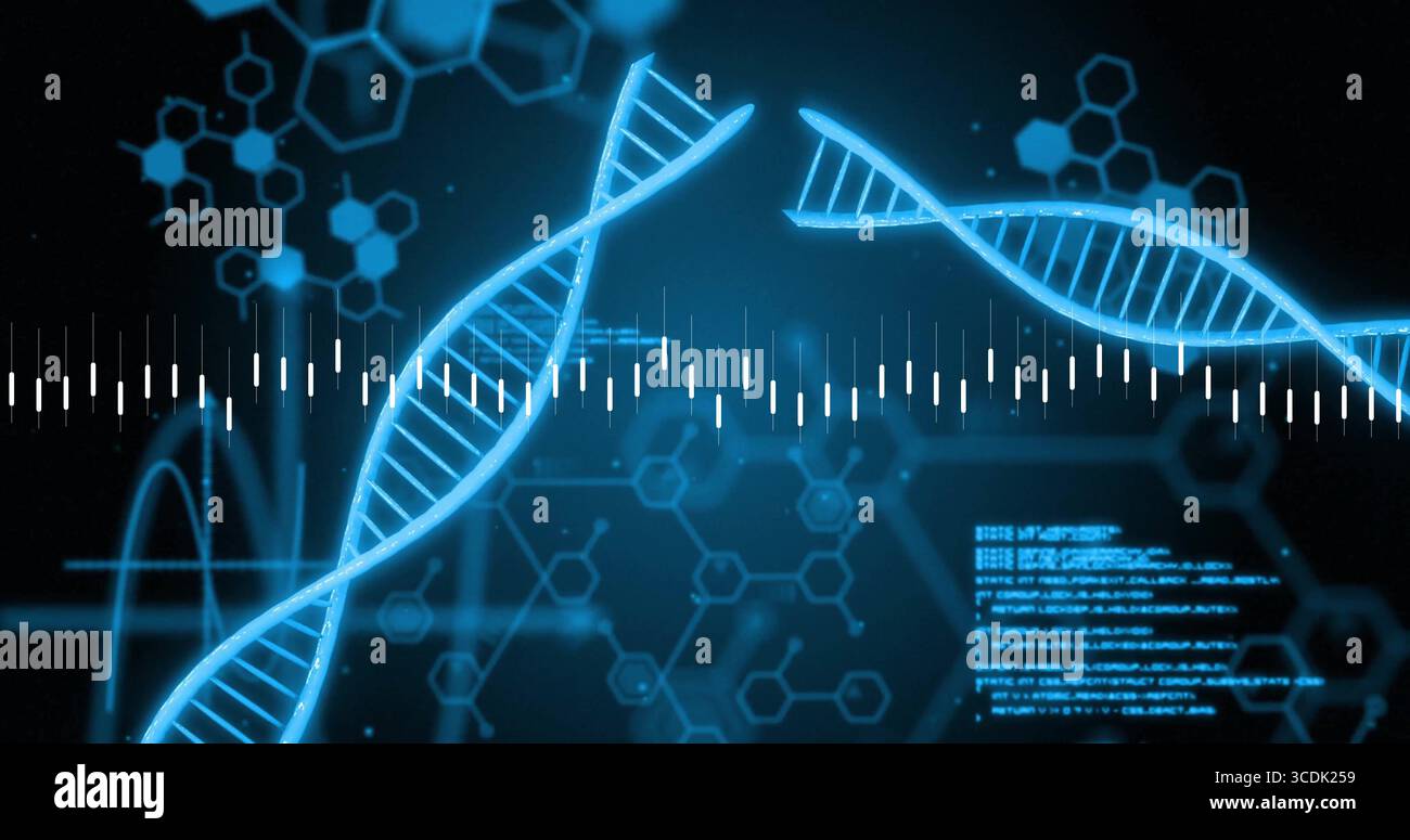 Glowing blue DNA double helix crossing interface, with waveform line, hex diagrams and code panel Stock Photo