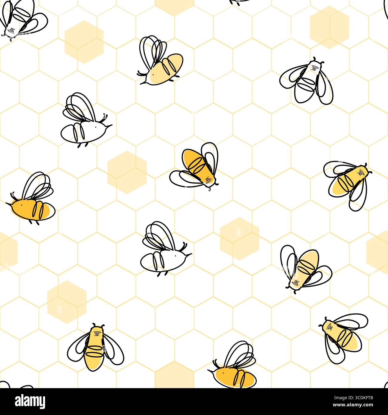 Linear cartoon honey bees on honeycombs seamless pattern. Vector background illustration Stock Vector