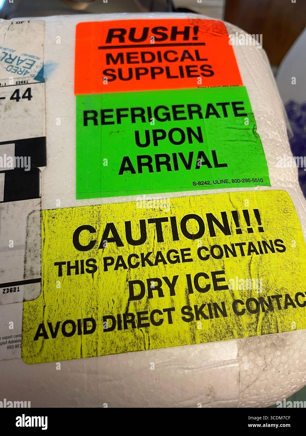 Close-up of a styrofoam mailing container filled with medical supplies that need refrigeration, 2025, United States - Smartphone Captured Stock Image