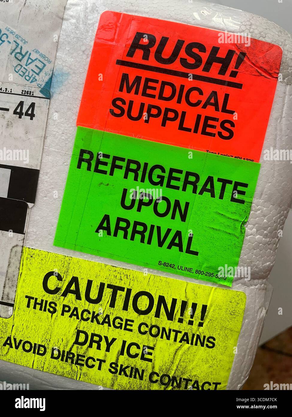 Close-up of a styrofoam mailing container filled with medical supplies that need refrigeration, 2025, United States - Smartphone Captured Stock Image