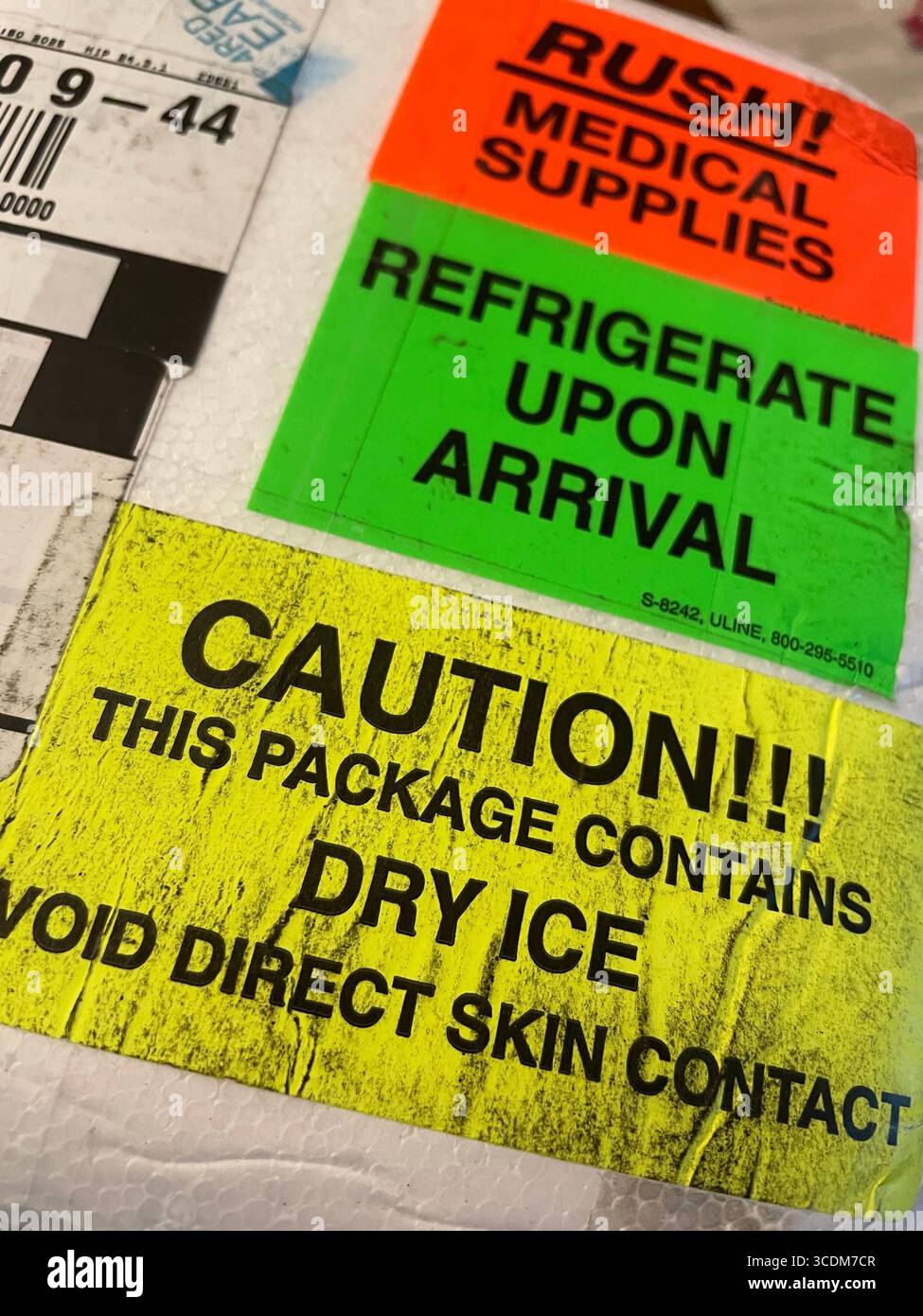 Close-up of a styrofoam mailing container filled with medical supplies that need refrigeration, 2025, United States - Smartphone Captured Stock Image