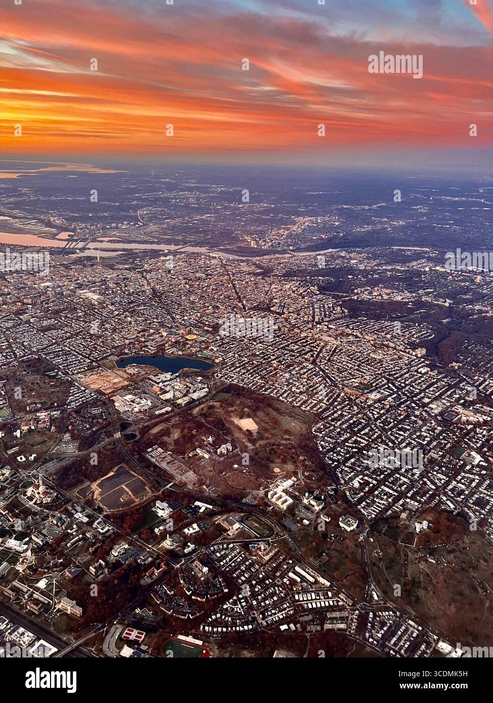 Aerial view in Marlyand looking south to the Potomac River under a brilliant orange sunrise - Smartphone Captured Stock Image