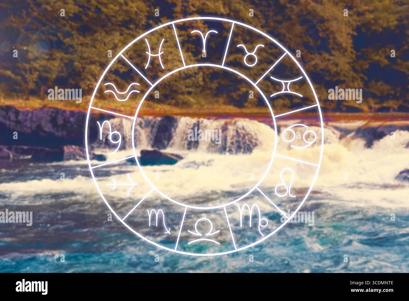 Zodiac wheel with signs against natural landscape Stock Photo