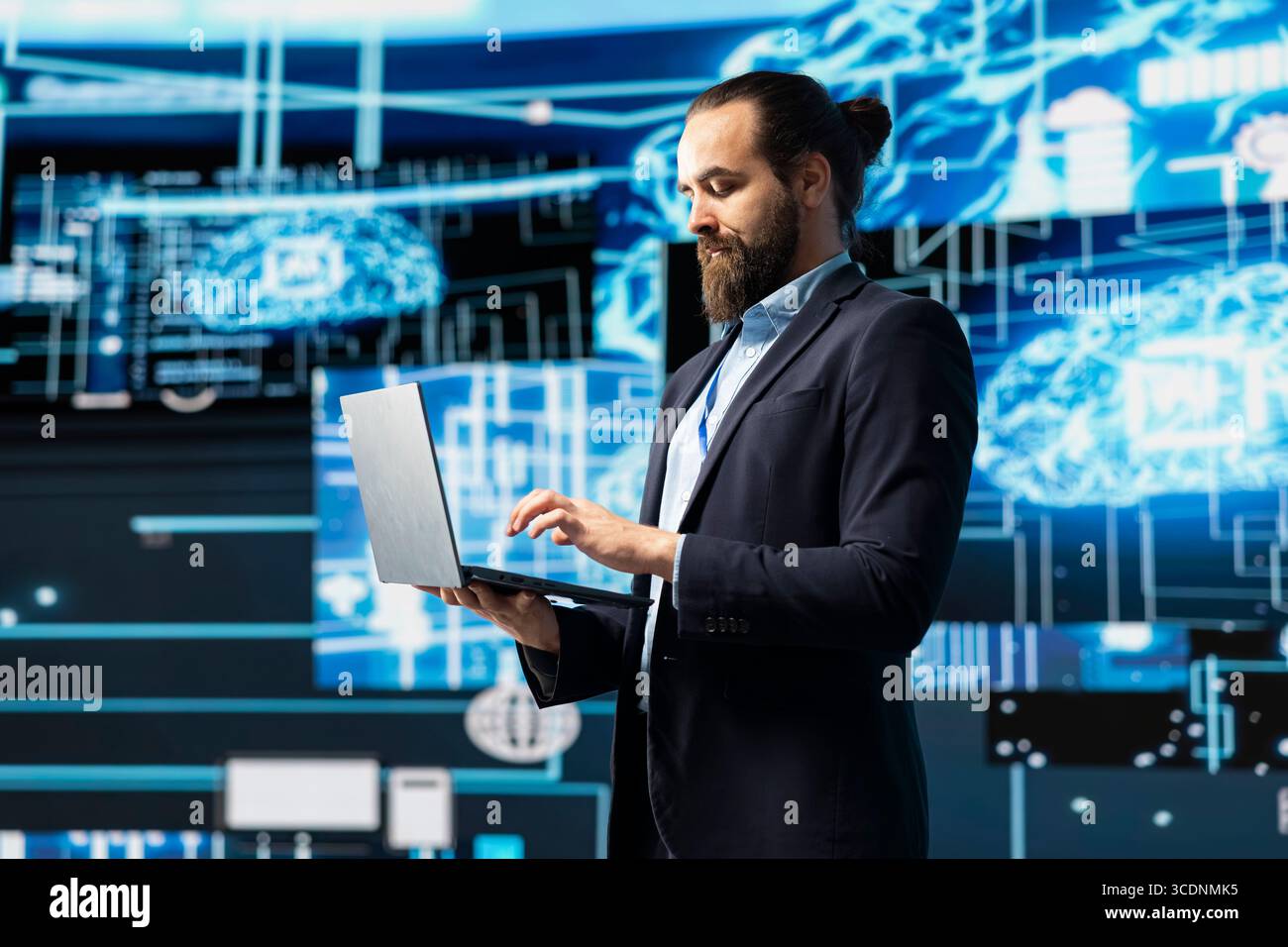 Engineer studying AI brain for data structures and predictive analytics, highlighting smart technology and machine learning for innovation and virtual intelligence. Algorithmic thinking. Stock Photo