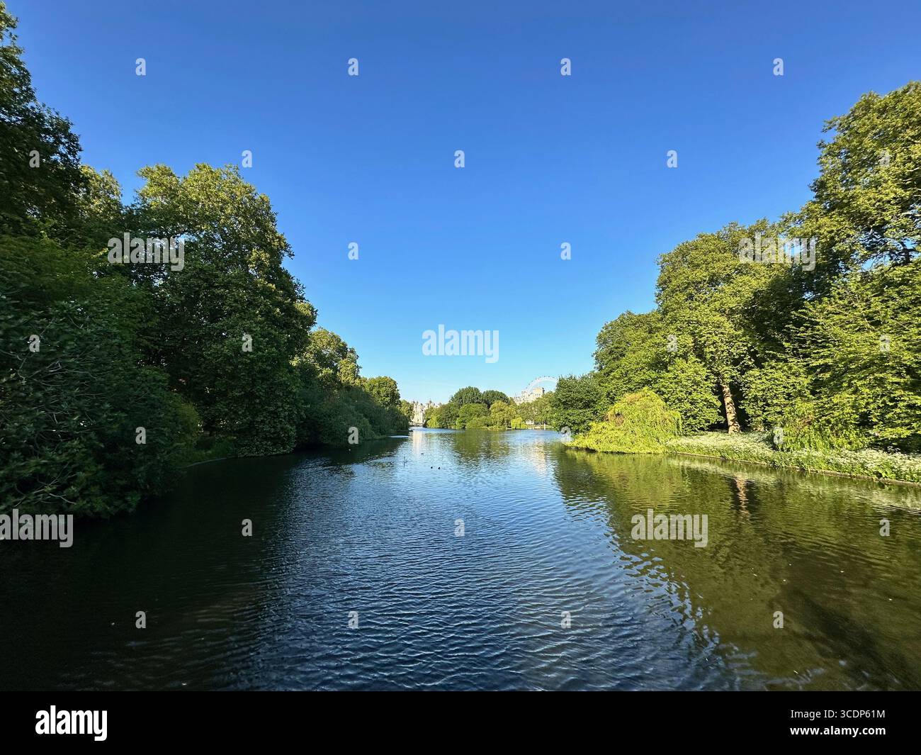St James’s Park lake in London, UK, with Horse Guards building and the London Eye in the distance under clear blue skies. - Smartphone Captured Stock Image