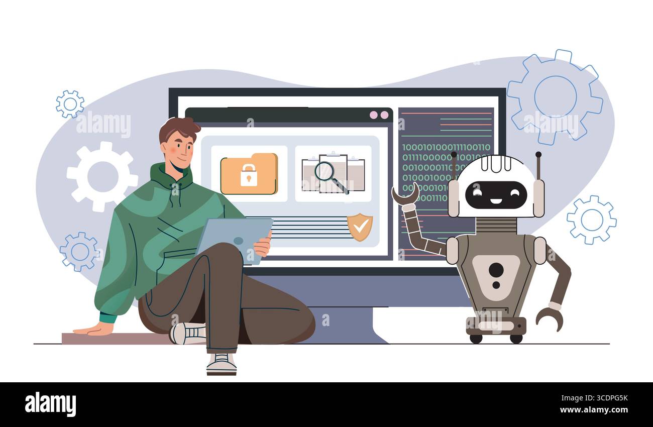 Man and robot collaborating on cybersecurity. Vector illustration Stock Vector