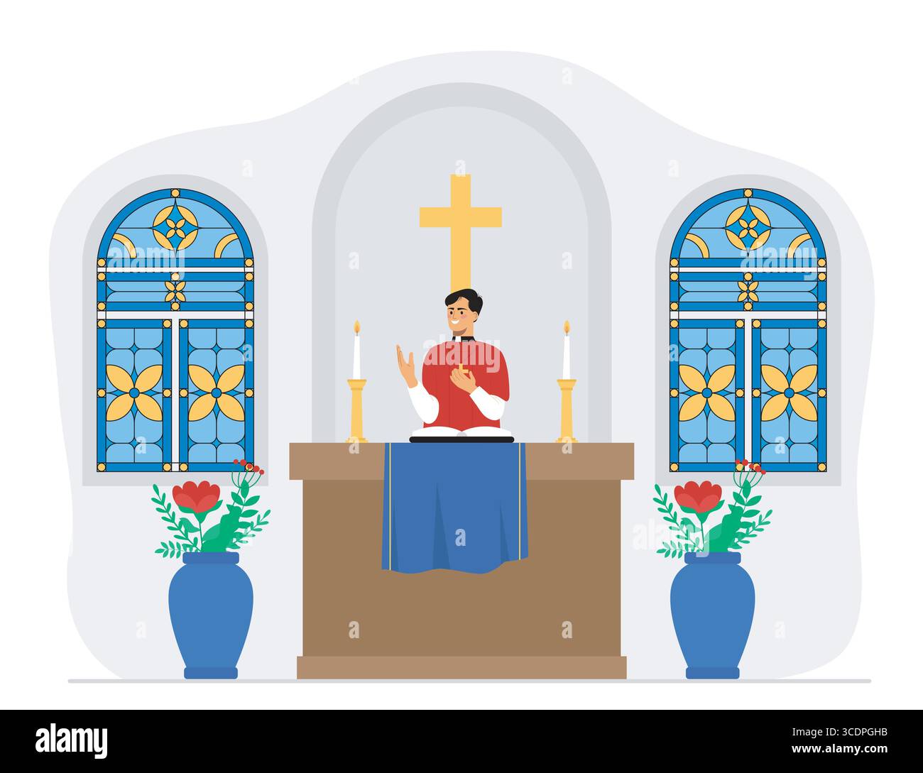 Priest preaching at church altar scene. Vector illustration Stock ...