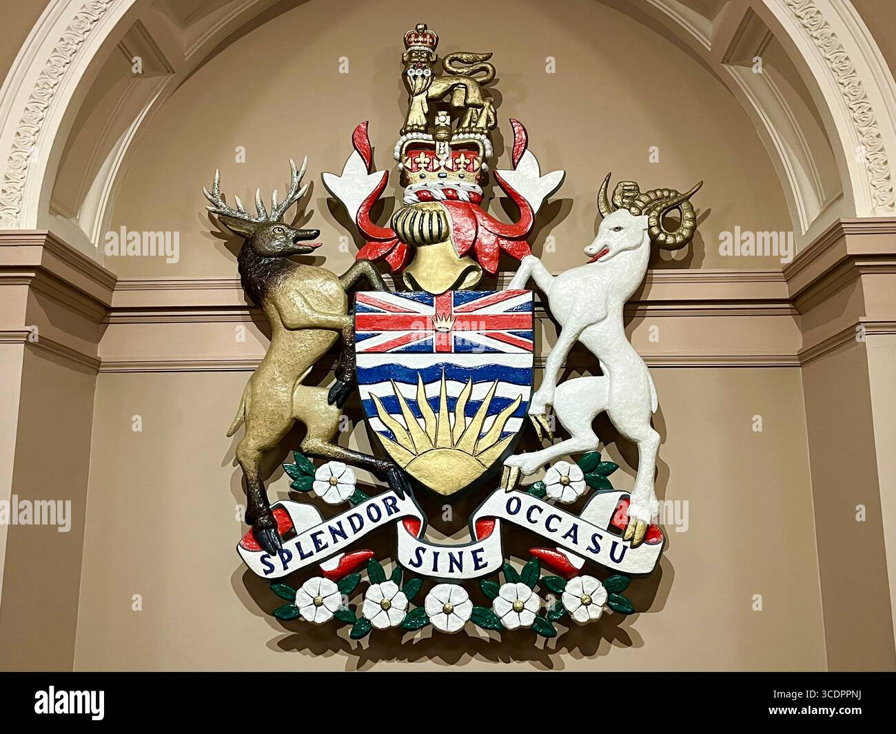 BC Coat of Arms at the Legislative Assembly of British Columbia, Victoria, Canada - Smartphone Captured Stock Image
