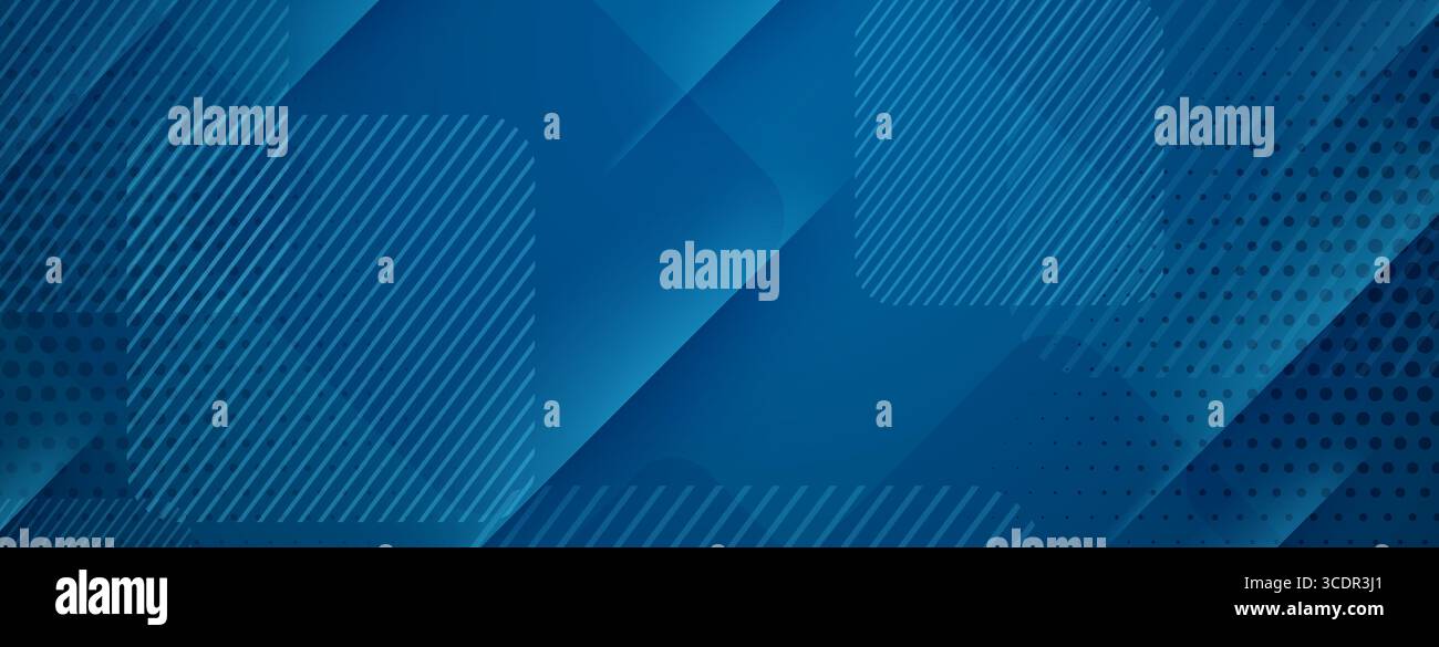 Blue abstract background with layered geometric shapes, stripes, and dots creating a dynamic visual effect. Stock Vector