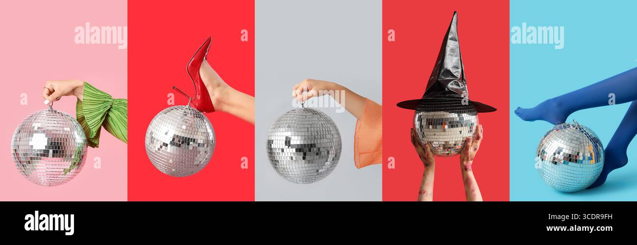 Collage of female hands and legs with disco balls on color background Stock Photo